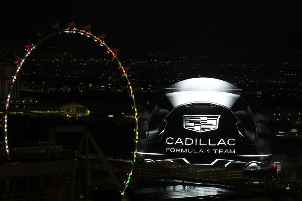 The Cadillac F1 logo on the sphere at the 2025 Formula 1 Las Vegas Grand Prix