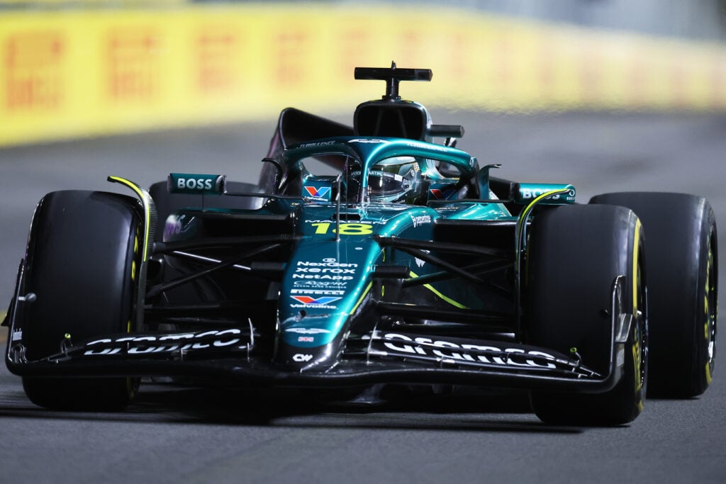 Aston Martin driver Lance Stroll racing with a broken rear wing at the 2025 Formula 1 Las Vegas Grand Prix
