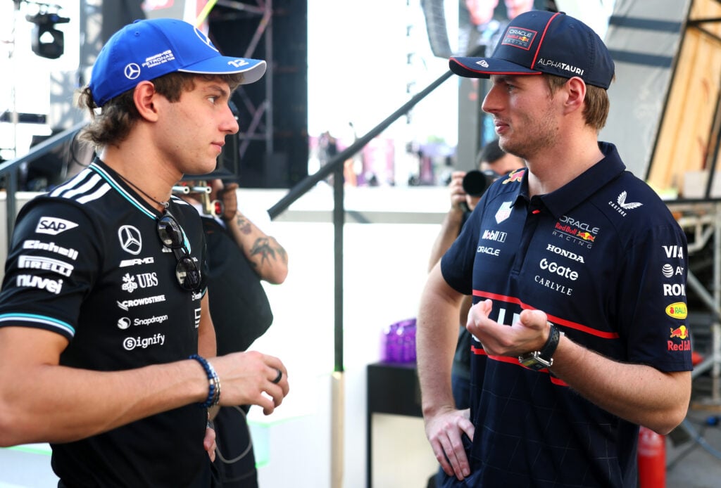 Max Verstappen speaking to Kimi Antonelli at the 2025 Formula 1 Qatar Grand Prix