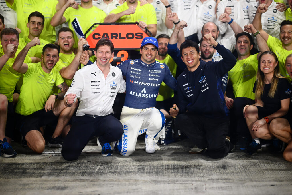Williams team principal James Vowles and Alex Albon celebrating Carlos Sainz's podium at the 2025 Formula 1 Qatar Grand Prix