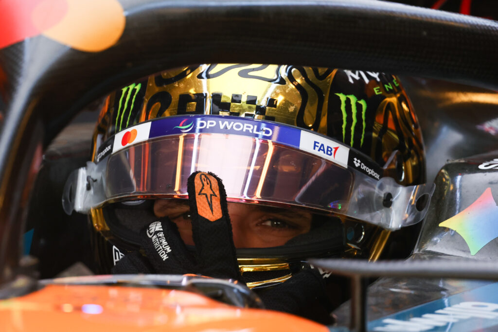 Lando Norris sits in his McLaren F1 car during 2025 post-season testing in Abu Dhabi