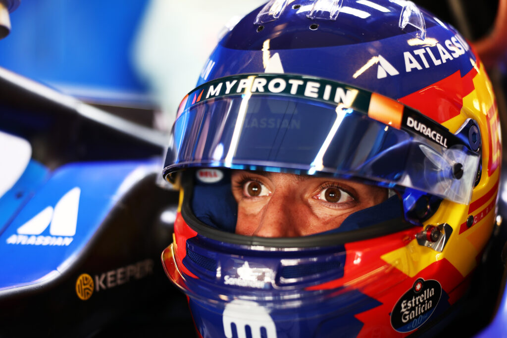 William driver Carlos Sainz looks out of his car in the garage during the 2025 F1 post-season Abu Dhabi test
