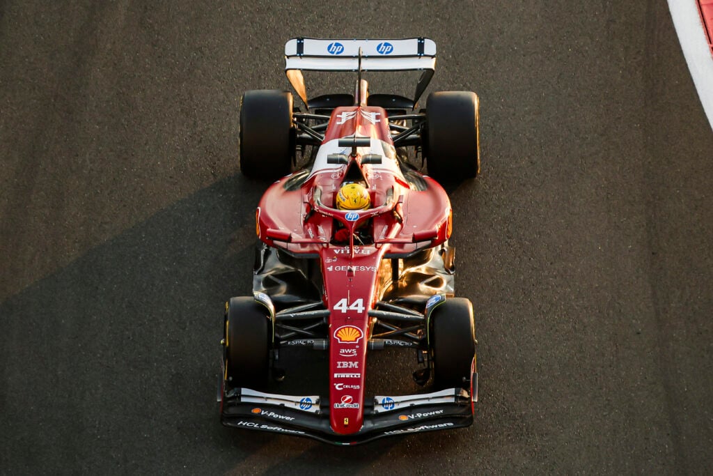 An overhead shot of Lewis Hamilton's Ferrari at 2025 post-season testing in Abu Dhabi