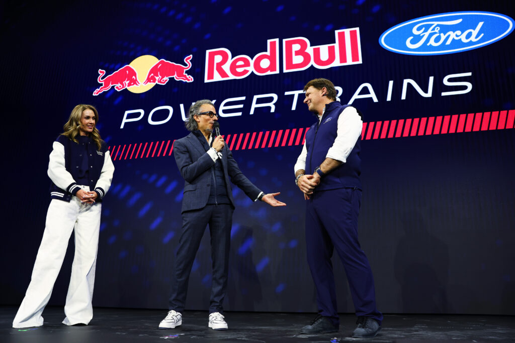 Red Bull team principal Laurent Mekies speaking on stage at the 2026 Formula 1 livery launch