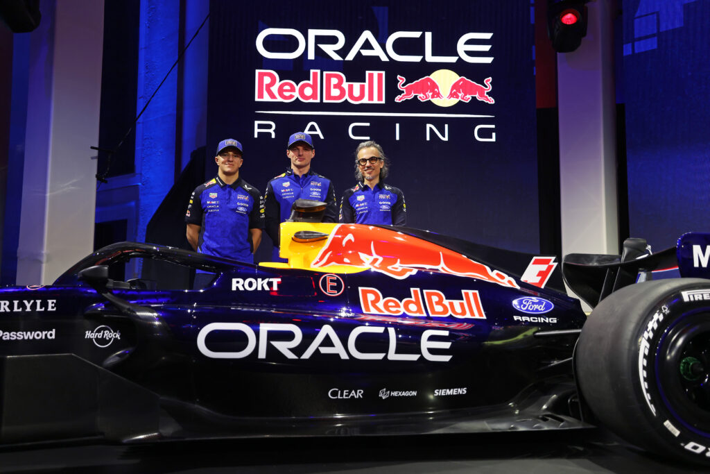 Max Verstappen, Isack Hadjar and Laurent Mekies at the Red Bull season launch