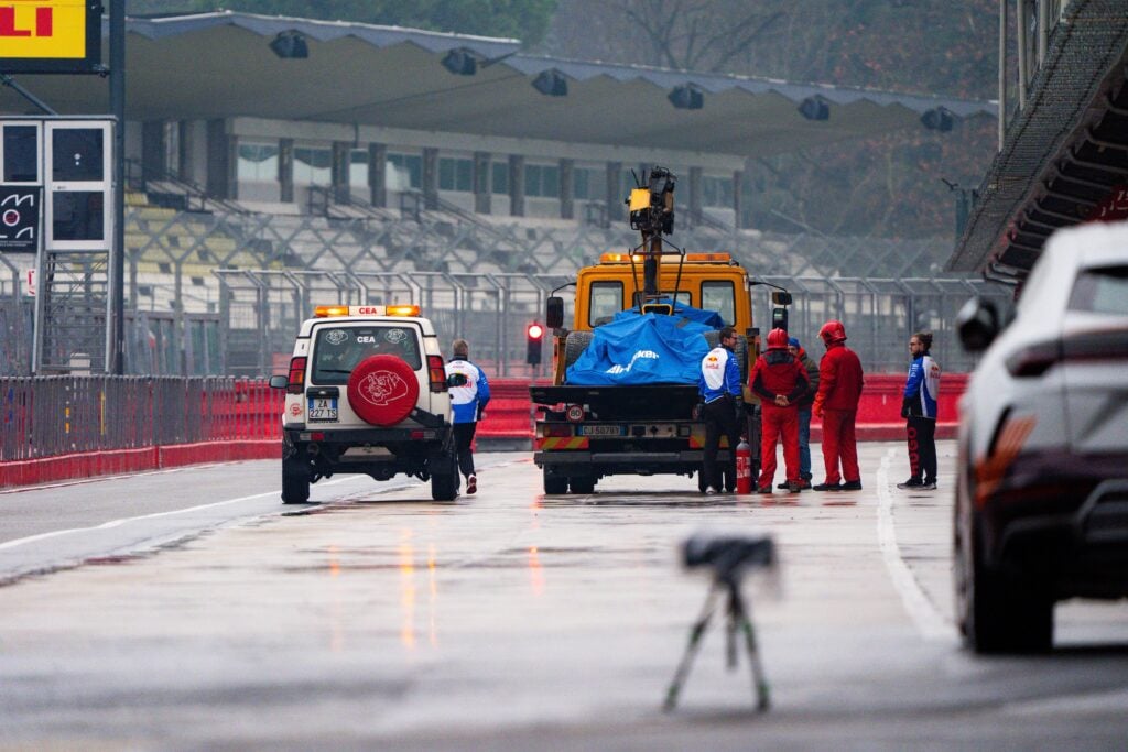 Visa Cash App Racing Bulls F1 Arvid Lindbland's car seen being taken back to the pit lane after a spin at Imola