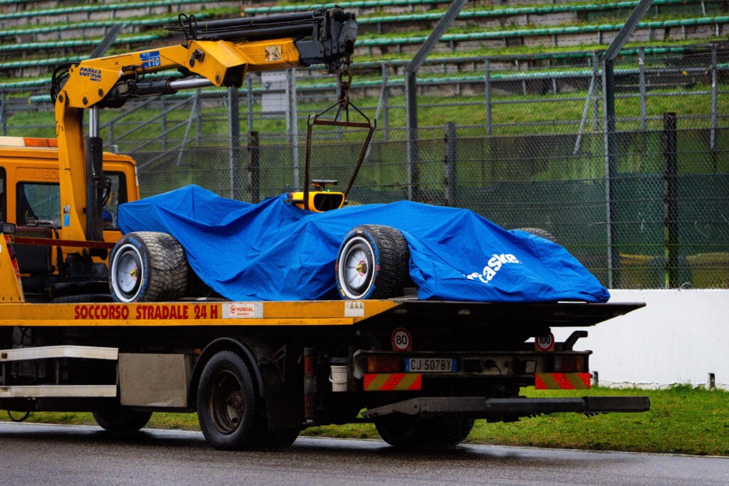 Visa Cash App Racing Bulls F1 Arvid Lindbland's car after spinning during a run at Imola