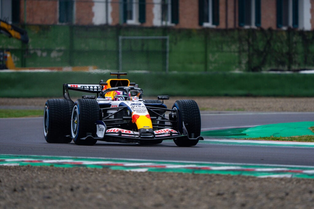 Liam Lawson of Racing Bulls during a shakedown test in their 2026 F1 car at Imola