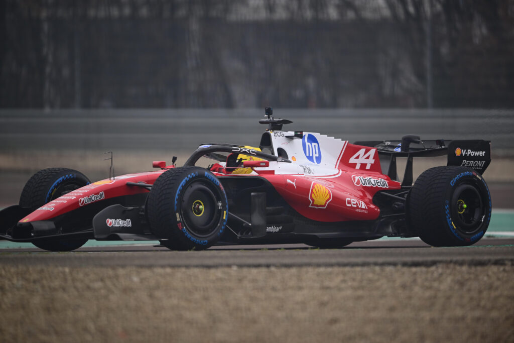 Ferrari driver Lewis Hamilton on track during a shakedown at Fiorano after unveiling the 2026 SF-26