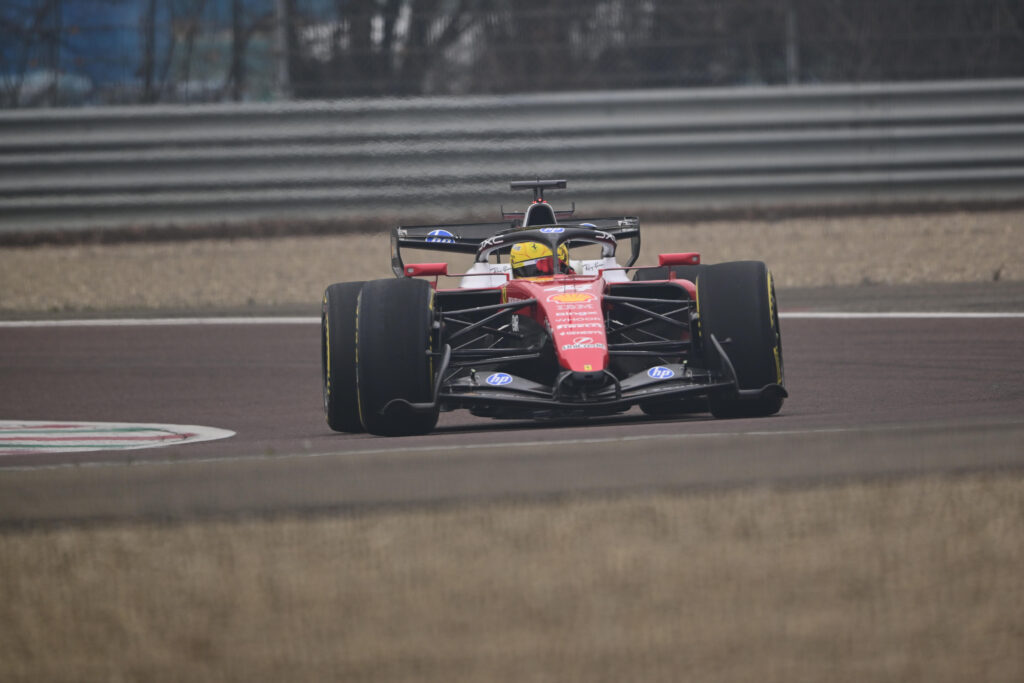 Lewis Hamilton drives Ferrari's 2026 F1 regulations car on track at Fiorano during a private shakedown