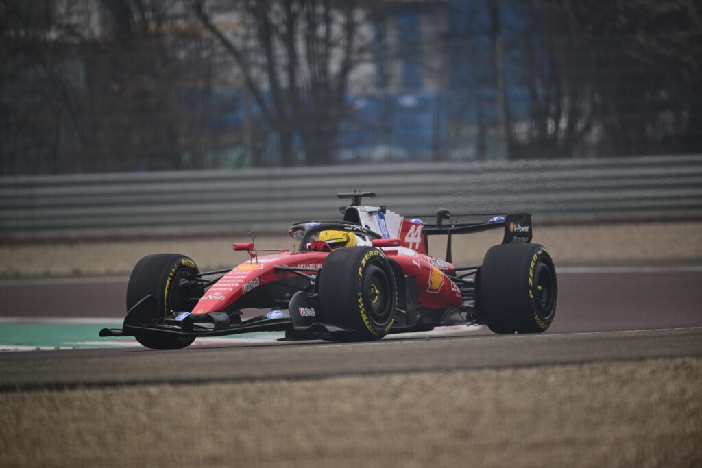 Ferrari driver Lewis Hamilton on track during a shakedown at Fiorano after unveiling the 2026 SF-26