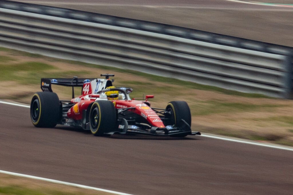 Ferrari driver Lewis Hamilton on track during a shakedown at Fiorano after unveiling the 2026 SF-26