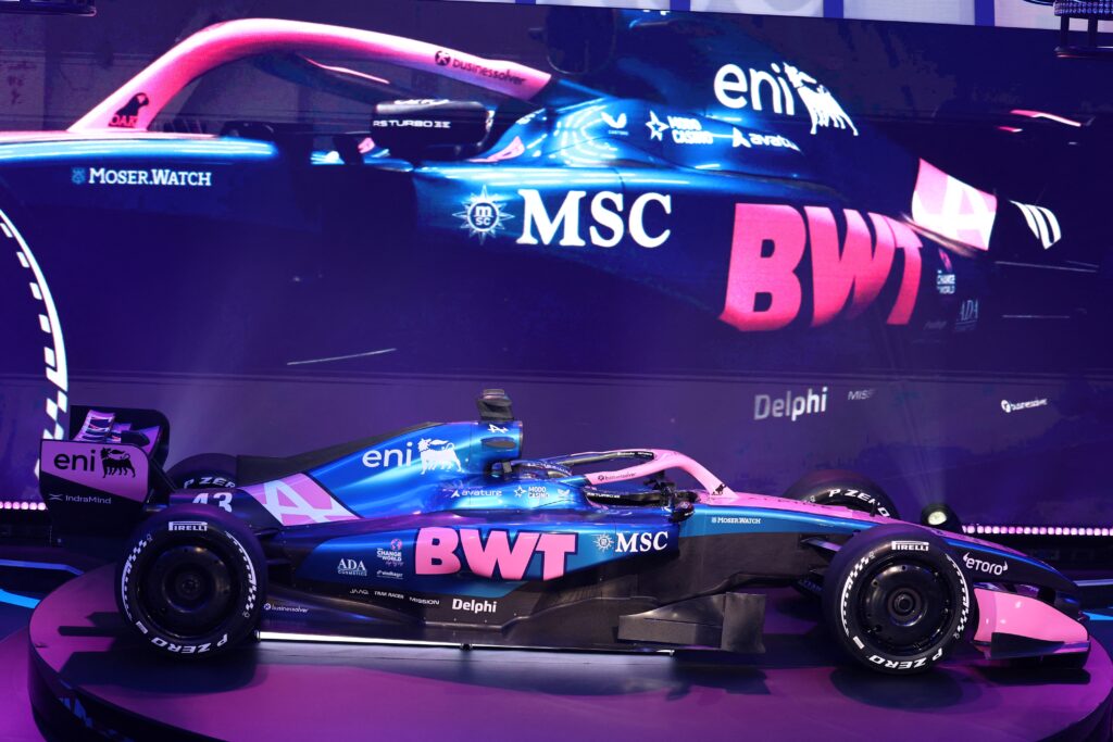 Alpine's A526 Formula 1 car on stage during the team's presentation in Barcelona