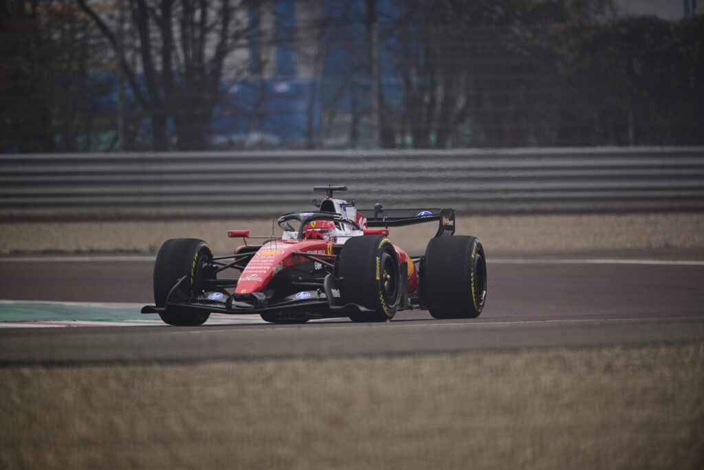 Ferrari driver Charles Leclerc on track during a private shakedown of their 2026 F1 regulations car at Fiorano