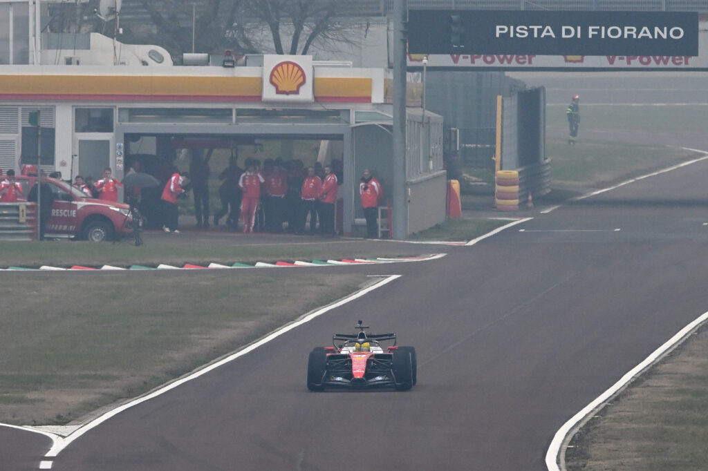 Ferrari driver Lewis Hamilton on track during a shakedown at Fiorano after unveiling the 2026 SF-26