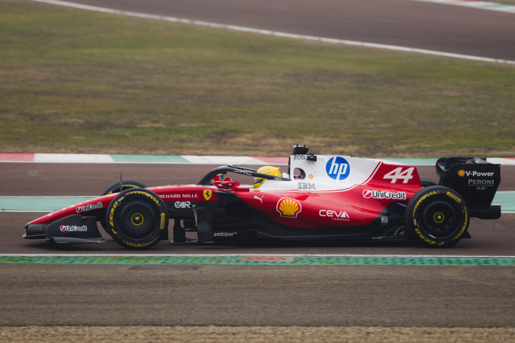 Ferrari driver Lewis Hamilton on track during a private shakedown of their 2026 F1 regulations car at Fiorano