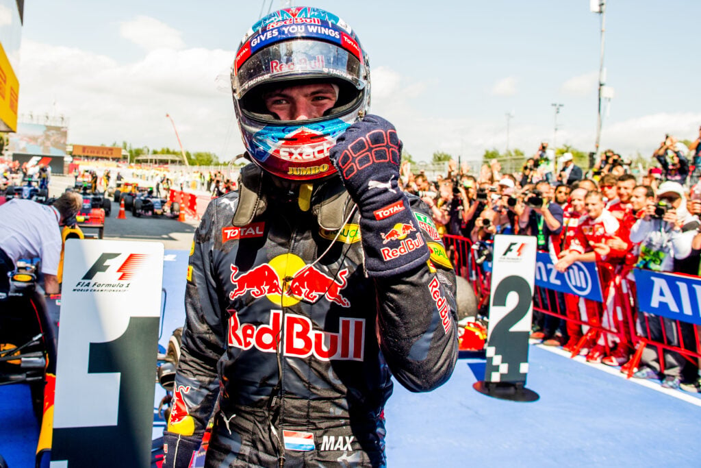 Max Verstappen celebrates in parc ferme after winning the 2016 Spanish Grand Prix