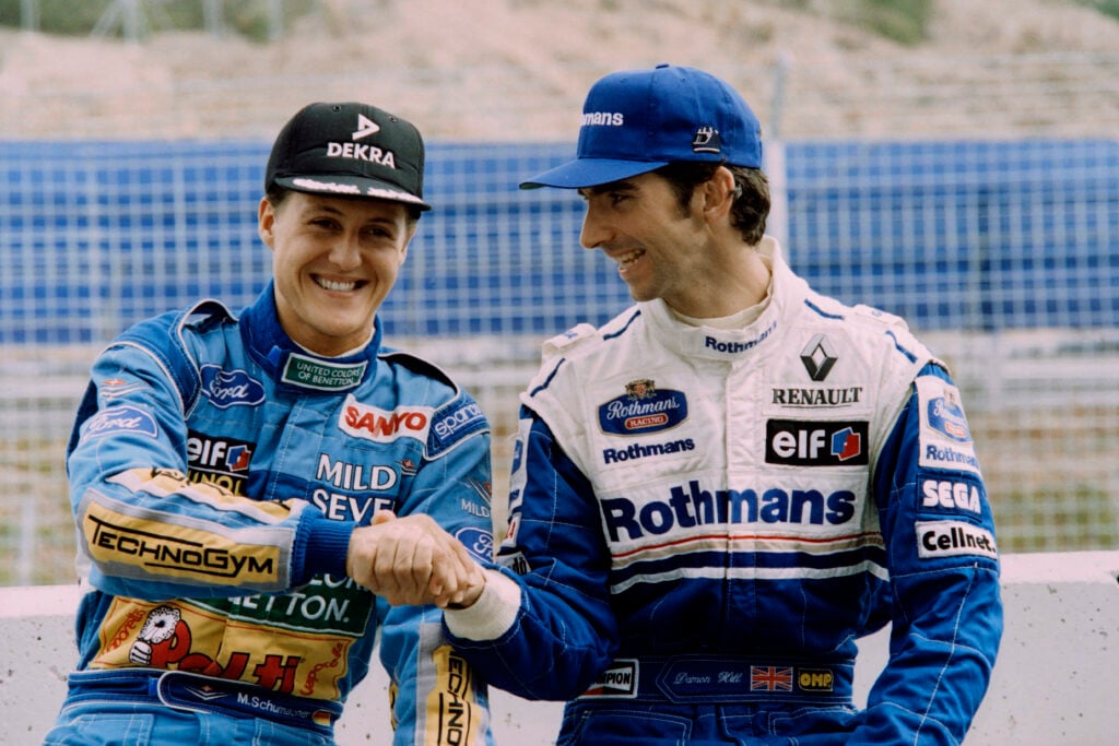 MIchael Schumacher and Damon Hill shaking hands at the 1994 Spanish Grand Prix