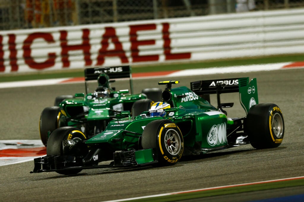 Marcus Ericsson and Kamui Kobayashi driving for Caterham at the 2014 Formula 1 Bahrain Grand Prix