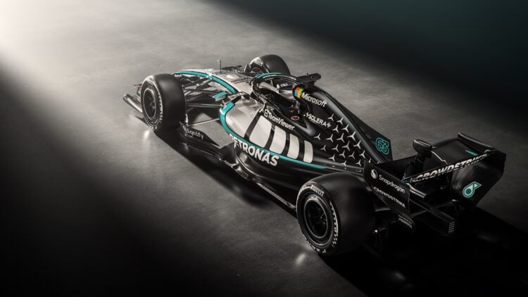 A rear-angle view of the new Mercedes W17 livery for the 2026 F1 season.