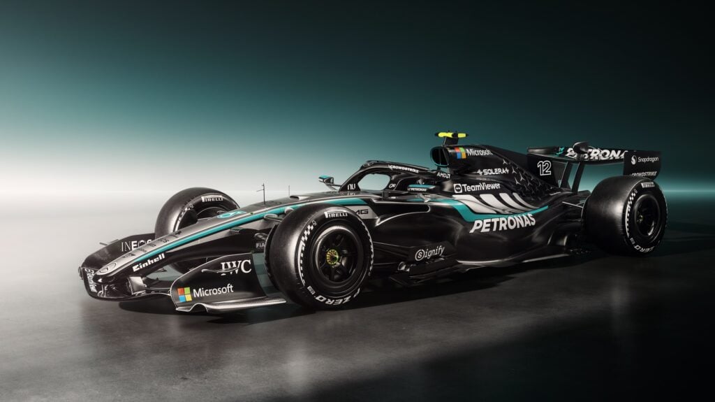 A studio image of the 2026 Mercedes F1 car