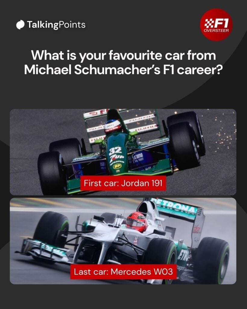 Michael Schumacher on track during his F1 debut for Jordan in the 1991 F1 Belgian Grand Prix and during his final F1 race with Mercedes in the 2012 Brazilian Grand Prix