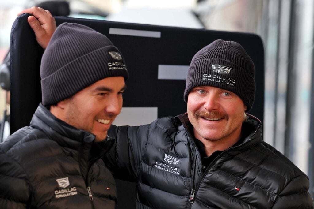 Sergio Perez and Valtteri Bottas smile during 2026 pre-season testing with Cadillac