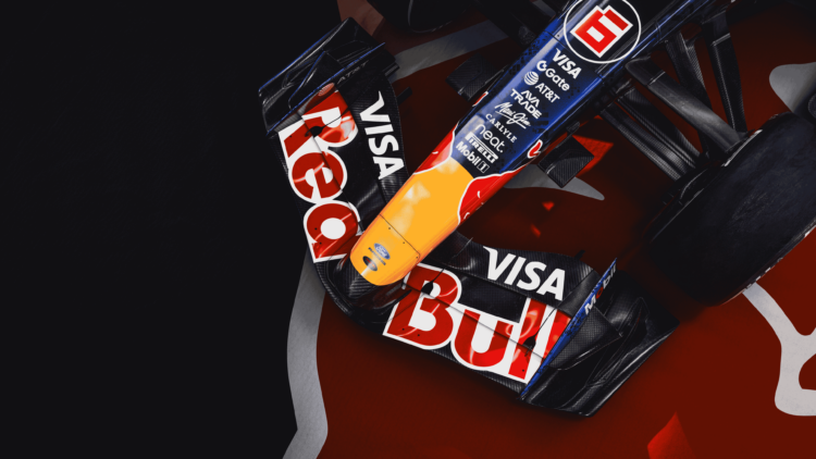 Close-up shot of the 2026 Red Bull F1 car's front wing