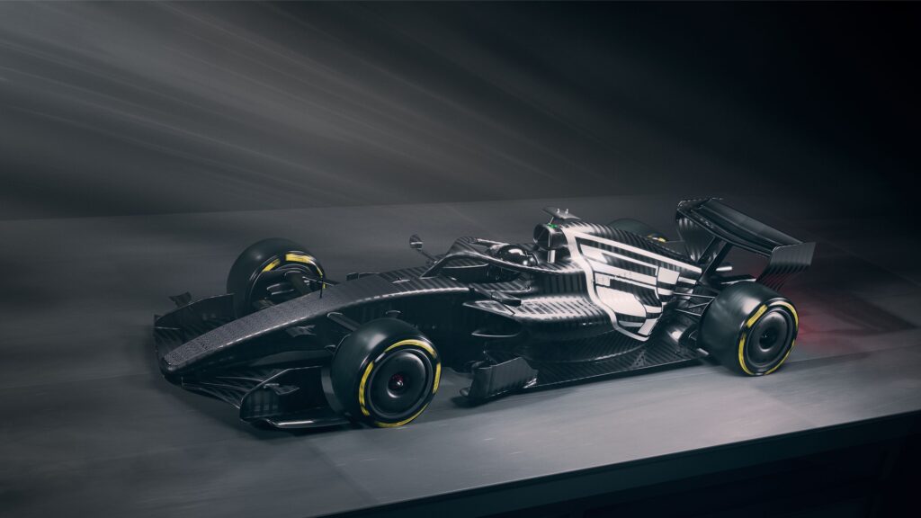 Slanted shot of the Cadillac Formula 1 Team's special testing livery, which is all black with a white Cadillac logo on the engine at the back