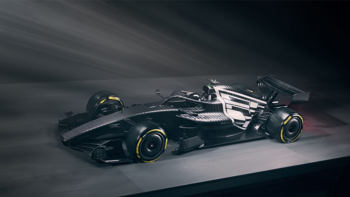 Slanted shot of the Cadillac Formula 1 Team's special testing livery, which is all black with a white Cadillac logo on the engine at the back