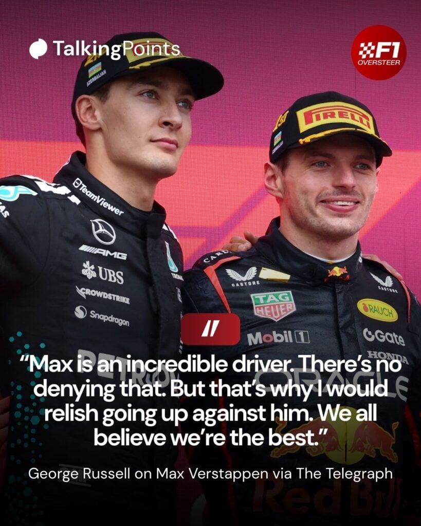 Red Bull driver Max Verstappen poses with Mercedes' George Russell on the Baku podium after winning the 2025 F1 Azerbaijan Grand Prix