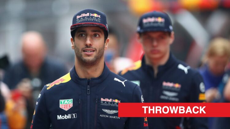 Daniel Ricciardo walking ahead of Max Verstappen in the F1 paddock at the 2017 Chinese Grand Prix.