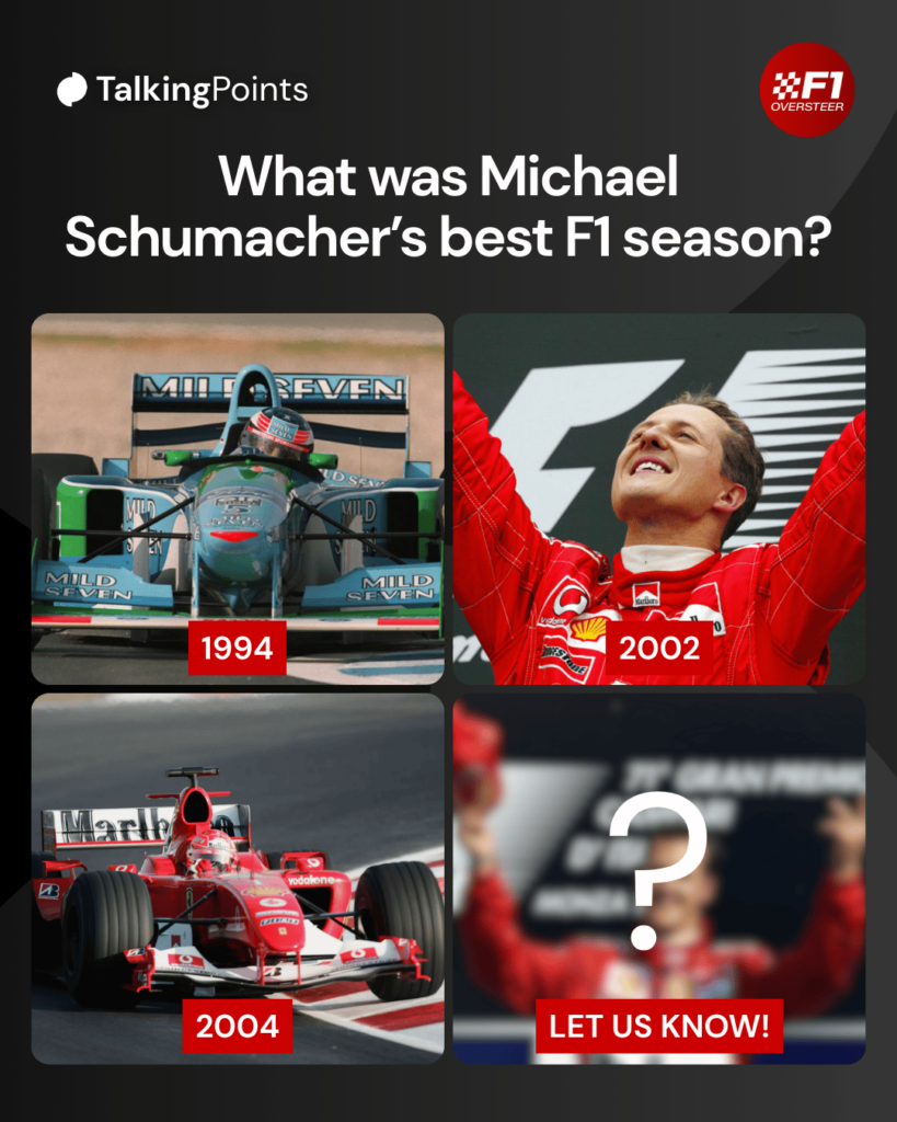 A graphic of Michael Schumacher driving his F1 cars and celebrating throughout his career