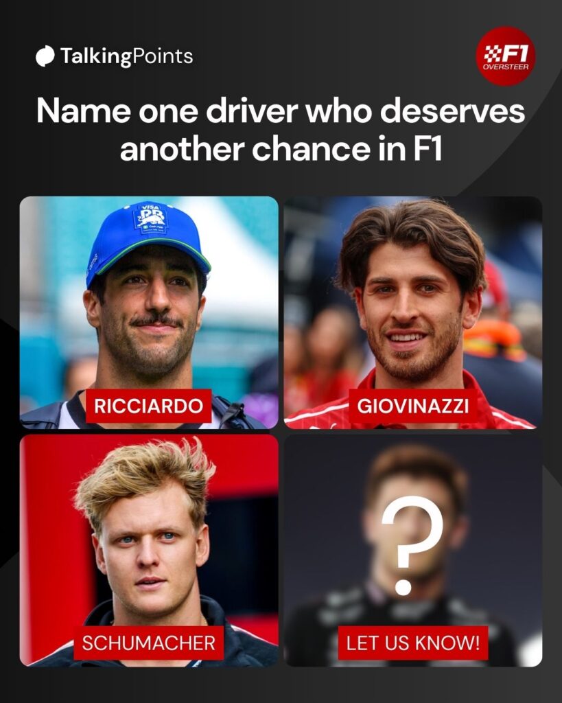 Graphic with four image panels featuring Daniel Ricciardo, Antonio Giovinazzi, Mick Schumacher and a blurred Jack Doohan with the caption asking fans to name one driver who should get another chance in F1