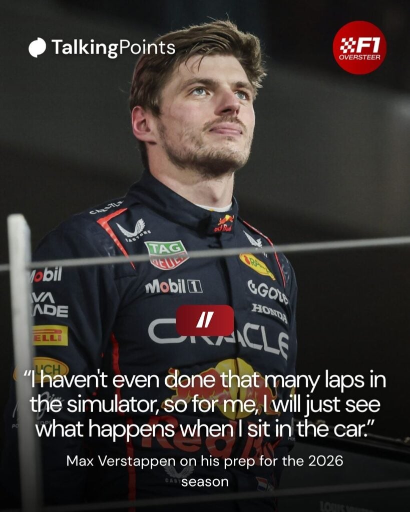 Quotes from Max Verstappen on his work in the 2026 Red Bull simulator in front of a picture of Max Verstappen standing on the podium at the 2025 Formula 1 Abu Dhabi Grand Prix