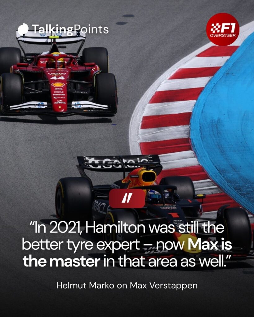 Max Verstappen leading Lewis Hamilton overlaid with quotes from Helmut Marko