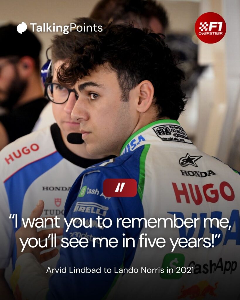 Arvid Lindblad speaking to a Racing Bulls engineer inside the team garage at F1's 2025 post-season test.