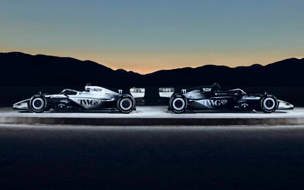 Shot of two 2026 Cadillac F1 cars facing left and right to show off the two patterns on each side