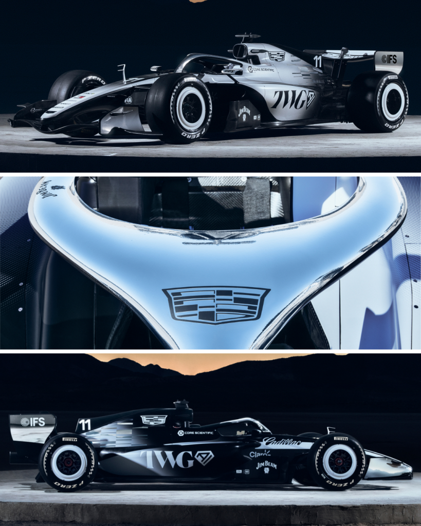 Three image graphic showing the new Cadillac 2026 Formula 1 car, including an angled shot at the top, a close-up of the silver Halo and a side profile of the black side of the car