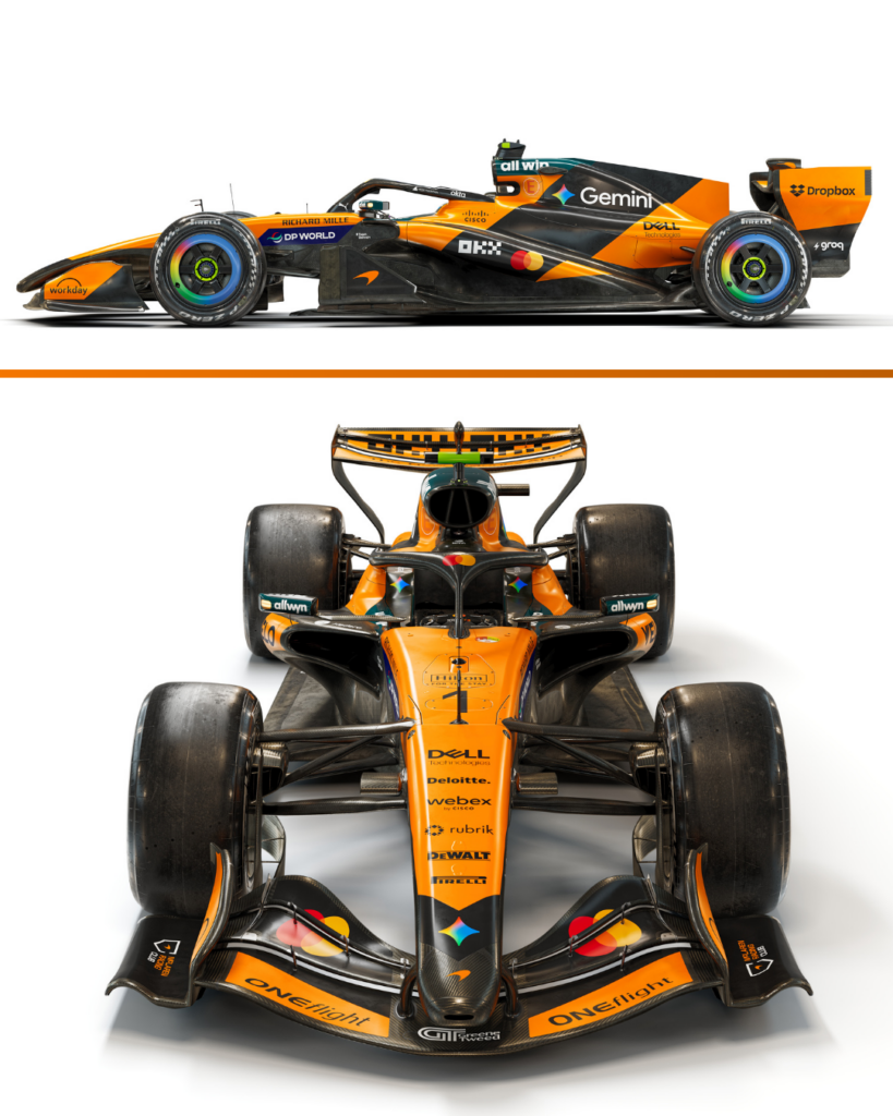 Grid image showing two perspectives of the 2026 McLaren MCL40, including a side profile and a front profile of the car