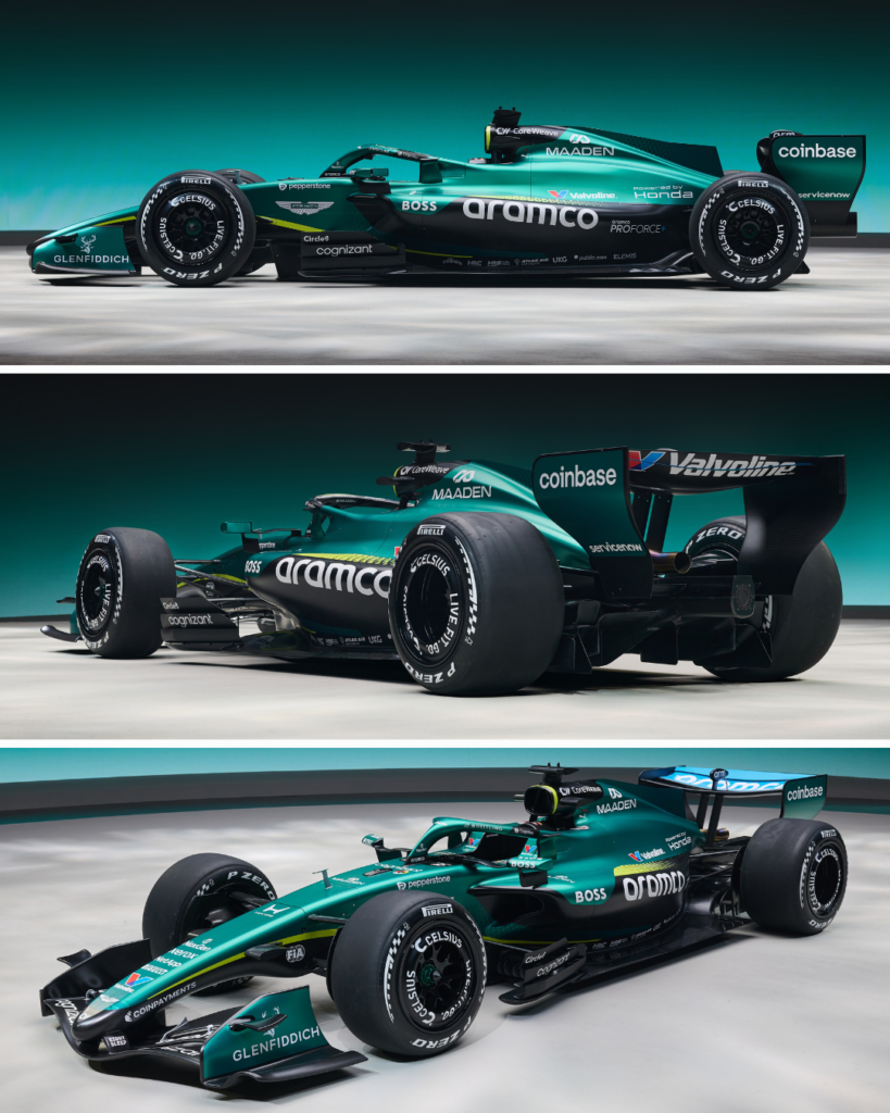 Three grid graphic of various angles of the 2026 Aston Martin AMR26, including a side profile, rear angle facing away from the camera and a forward angled view