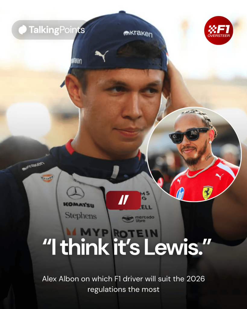A graphic of Williams driver Alex Albon at the 2025 Singapore Grand Prix with an inset of Lewis Hamilton