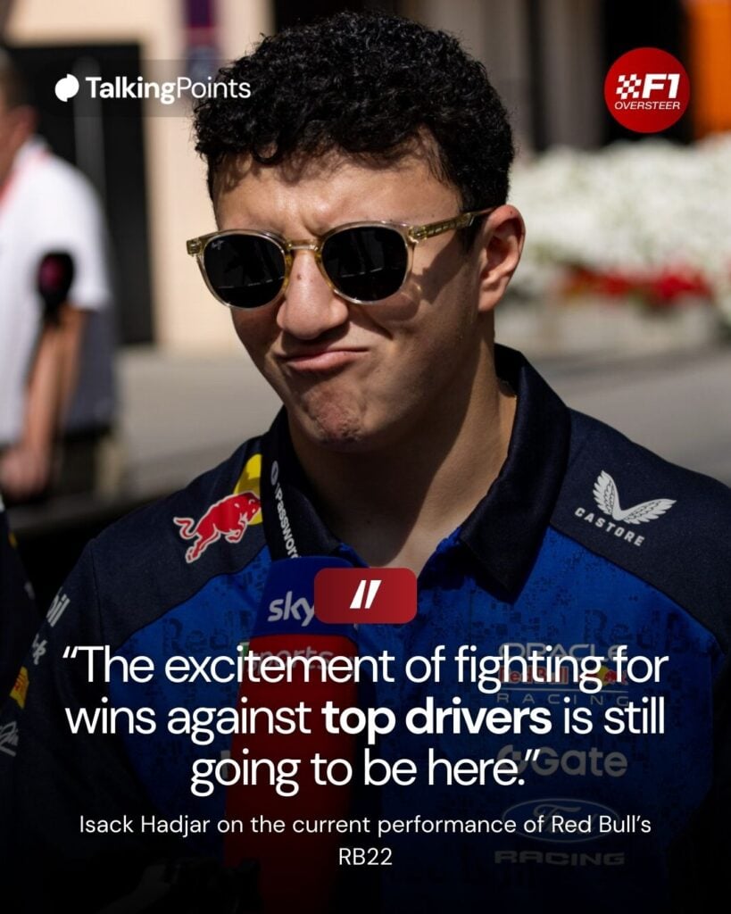 Isack Hadjar talking to journalists in the F1 paddock in Bahrain.