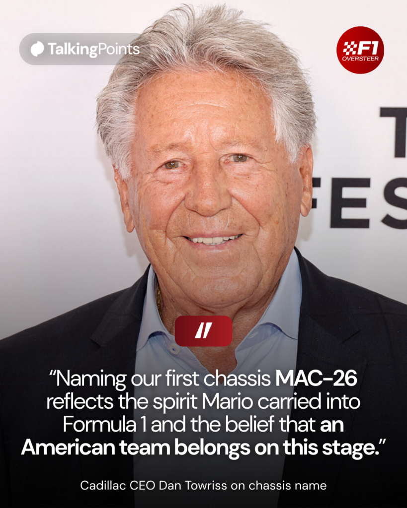 Graphic which shows F1 world champion Mario Andretti smiling for the camera with a quote from Cadillac CEO Dan Towriss about naming the car after the legendary driver