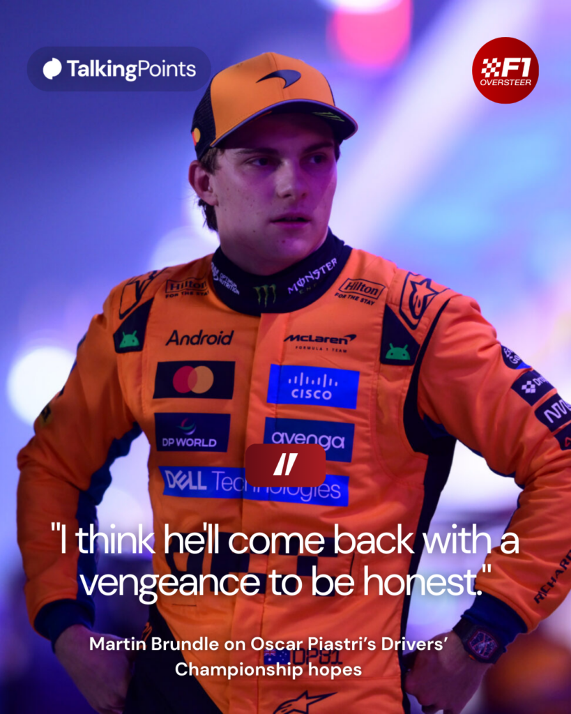 McLaren driver Oscar Piastri reacts after scoring pole position for the F1 Sprint at the 2025 Qatar Grand Prix. Martin Brundle quote.
