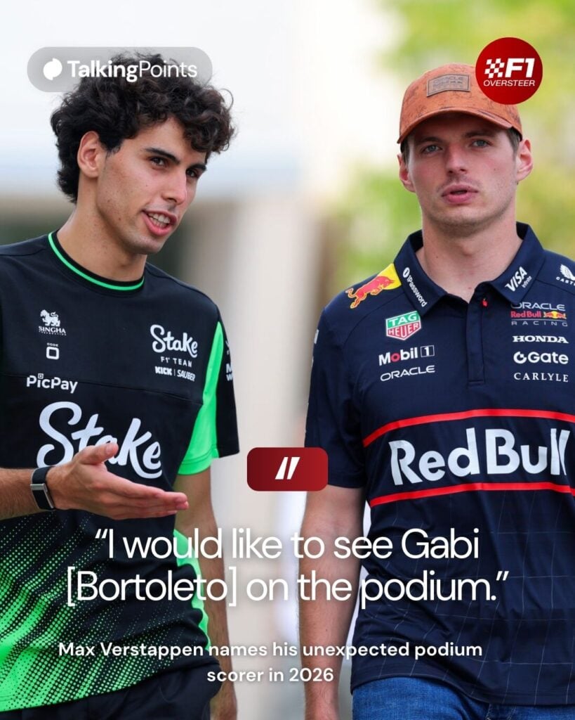 An image of Sauber driver Gabriel Bortoleto speaking to Red Bull driver Max Verstappen at the 2025 Formula 1 United States Grand Prix with a quote from Verstappen hoping to see Bortoleto on the podium in 2026