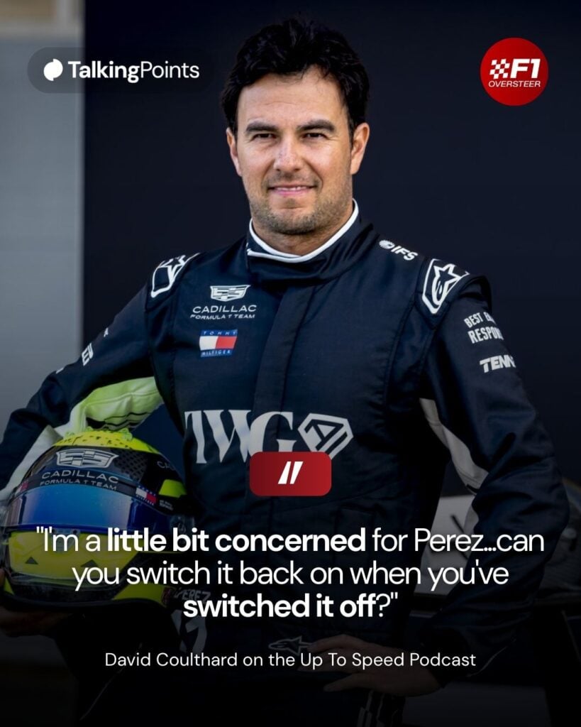 Cadillac driver Sergio Perez holding his helmet at 2026 Bahrain pre-season testing