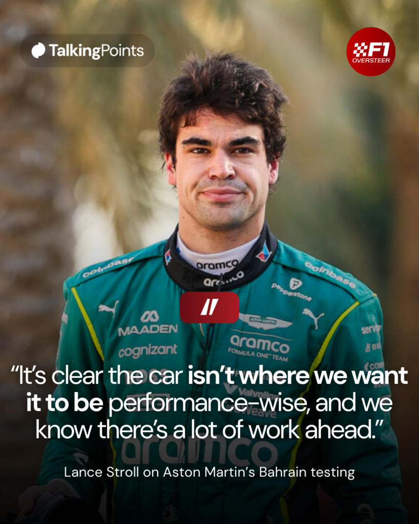Graphic with a picture of Aston Martin driver Lance Stroll and a quote about the performance of the car in testing