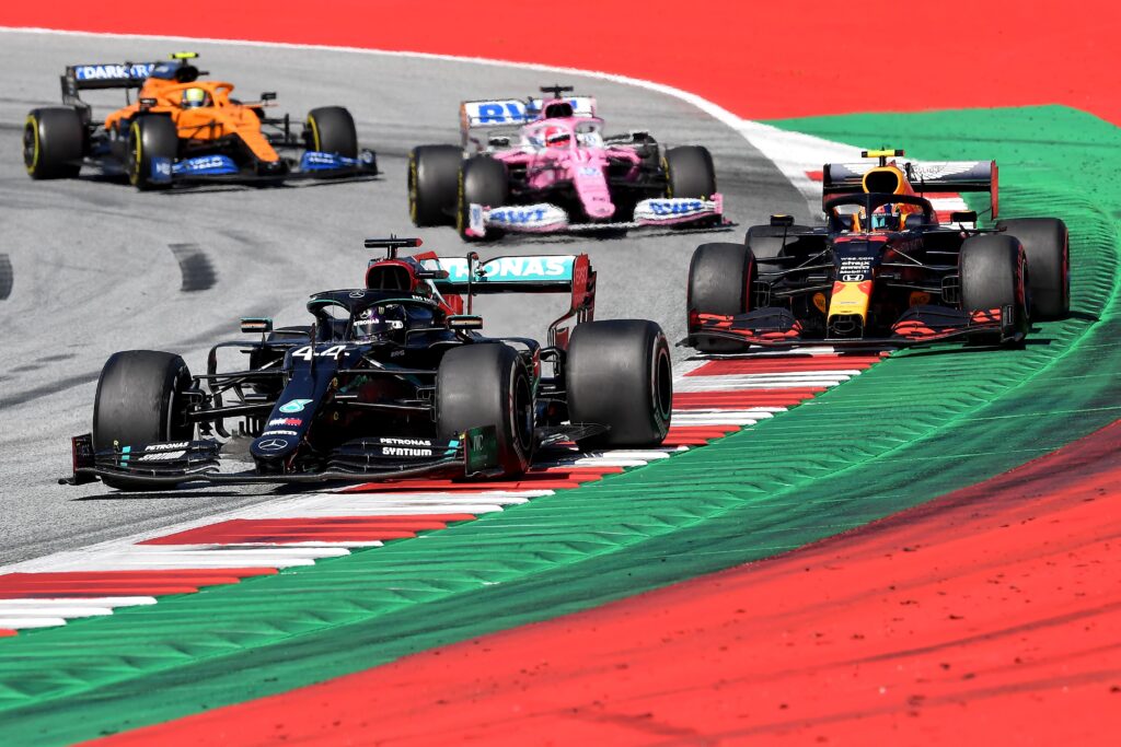 Mercedes' Lewis Hamilton leads Red Bull's Alex Albon on track during the 2020 F1 Austrian Grand Prix