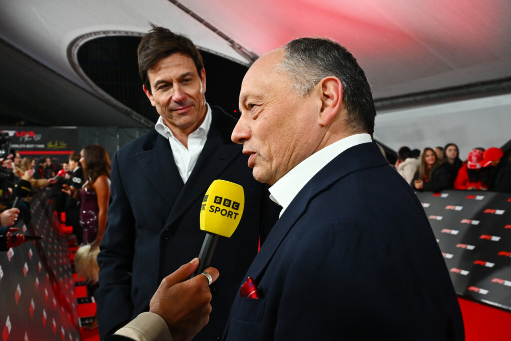 Ferrari team principal Fred Vasseur speaks to BBC Sport before F1 75 as Mercedes' Toto Wolff looks on